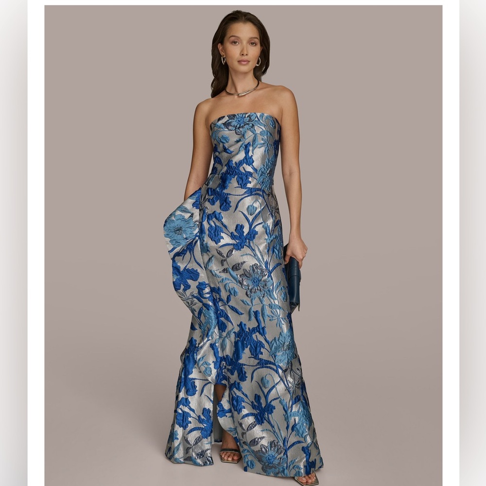 Donna Karan New York
Women’s straight neck, ruffle trim gown 
Size 8